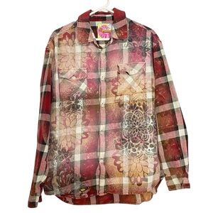 Boho Flannel Shirt Mens Size Large Unisex Mandala Floral Stencil Plaid Upcycled